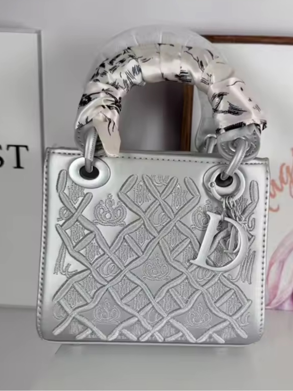 Silver Embossed Mini Top-Handle Bag with Scarf Detail